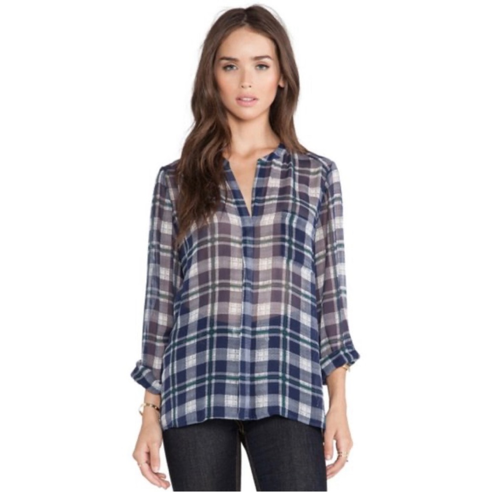 Joie Nura Silk Blouse in Dark Navy Plaid Size Small